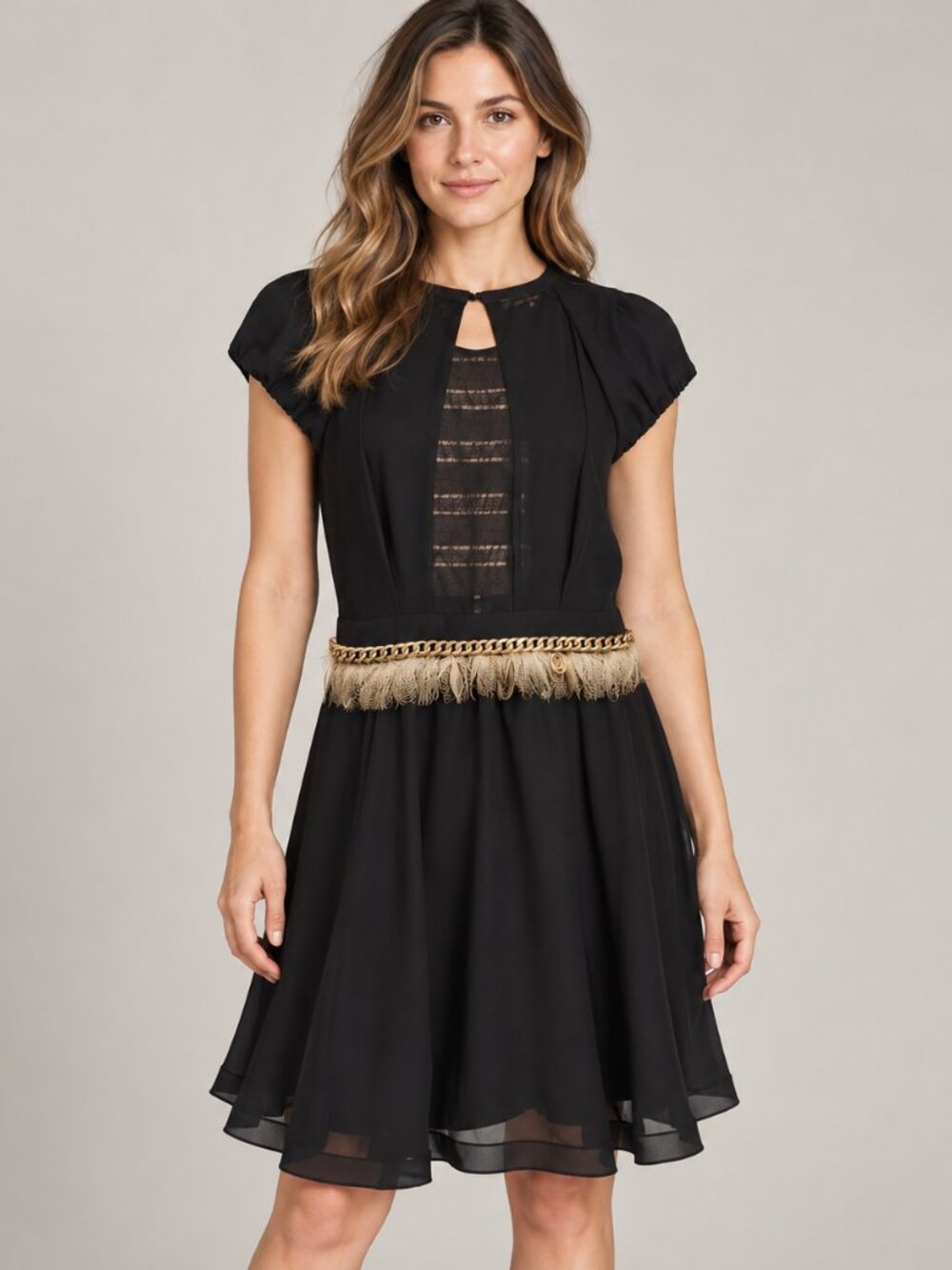 Elisabetta Franchi Mini Dress with Gold Chain & Fringe Waist